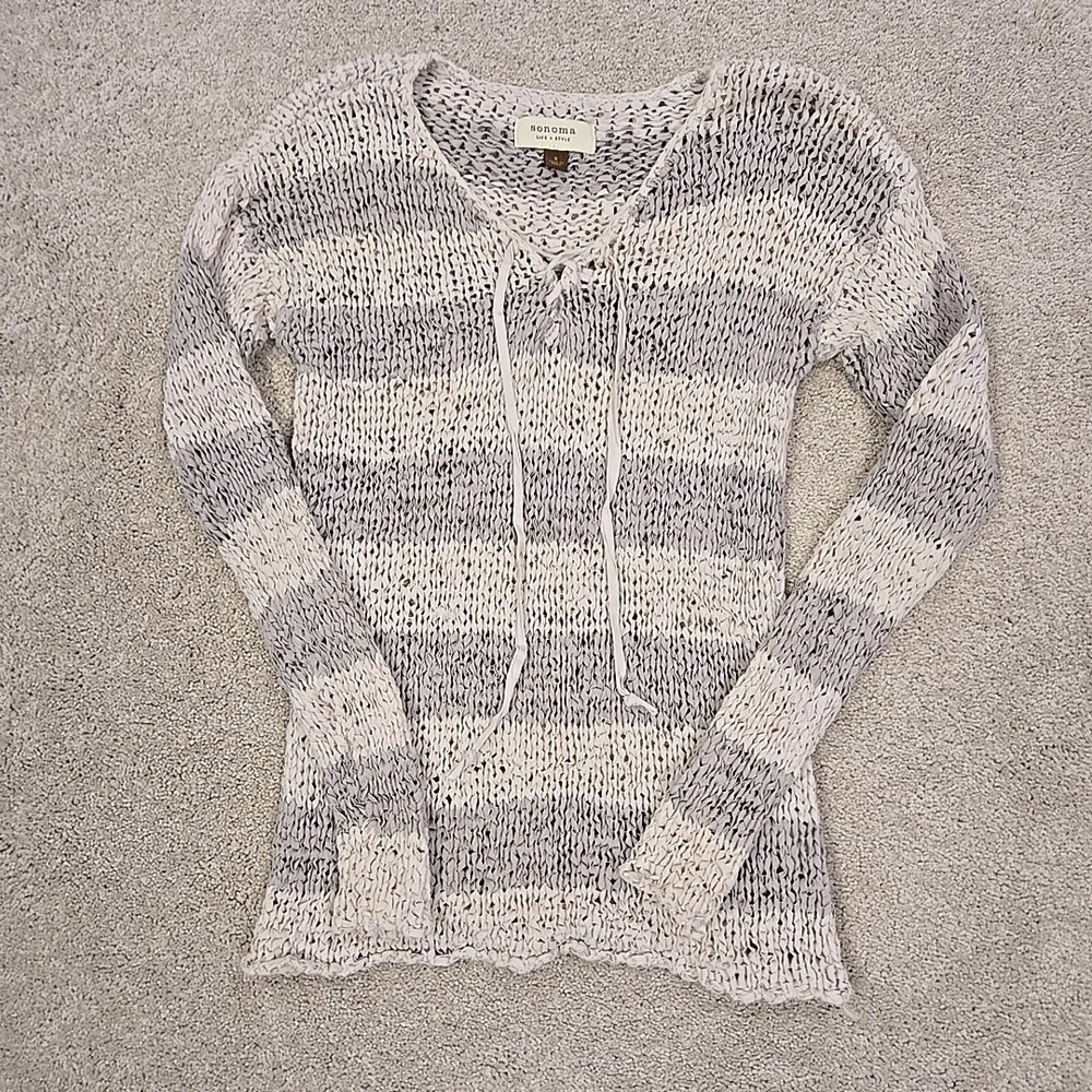 Sonoma Women's long sleeve Sweater Top Blouse Shirt Size Small Striped Gray